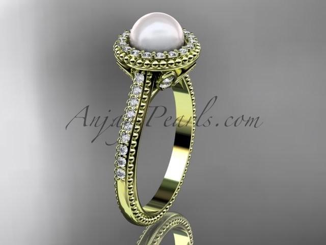 زفاف - 14k yellow gold diamond pearl vine and leaf engagement ring AP101