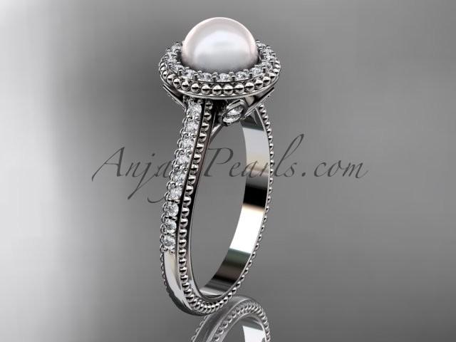 Wedding - platinum diamond pearl vine and leaf engagement ring AP101