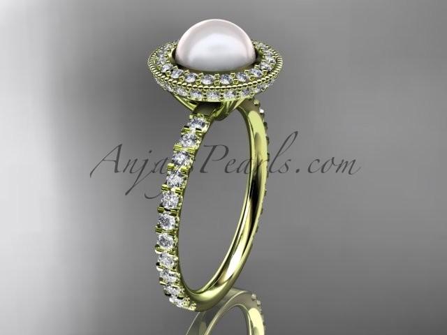 Hochzeit - 14k yellow gold diamond pearl vine and leaf engagement ring AP106