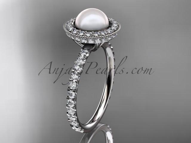 Wedding - platinum diamond pearl vine and leaf engagement ring AP106