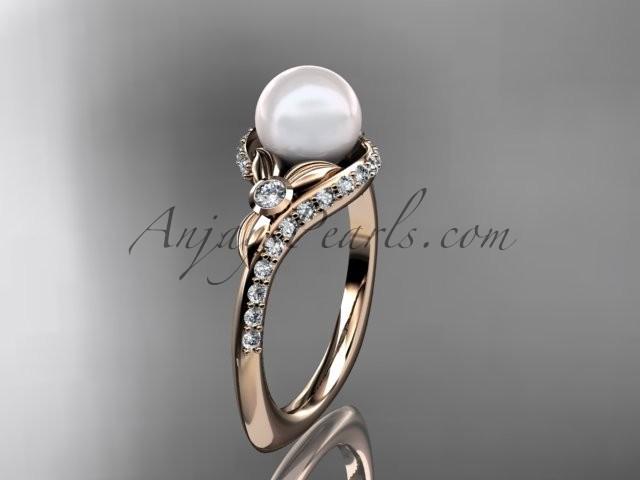 Wedding - 14k rose gold diamond pearl vine and leaf engagement ring AP112