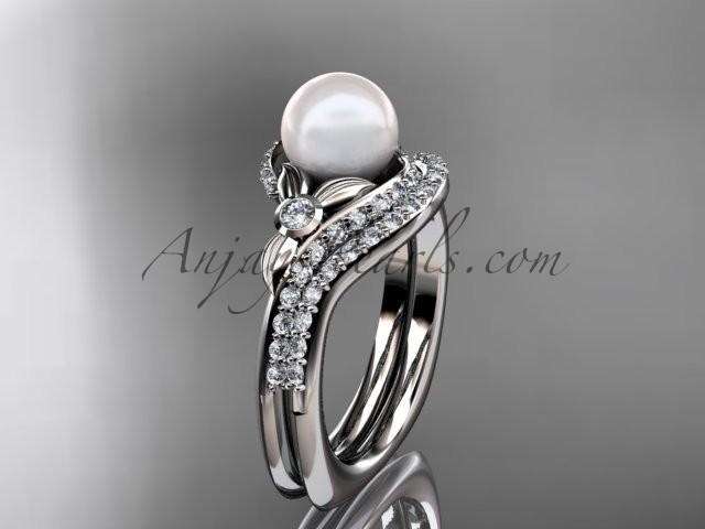 زفاف - 14k white gold diamond pearl vine and leaf engagement set AP112S