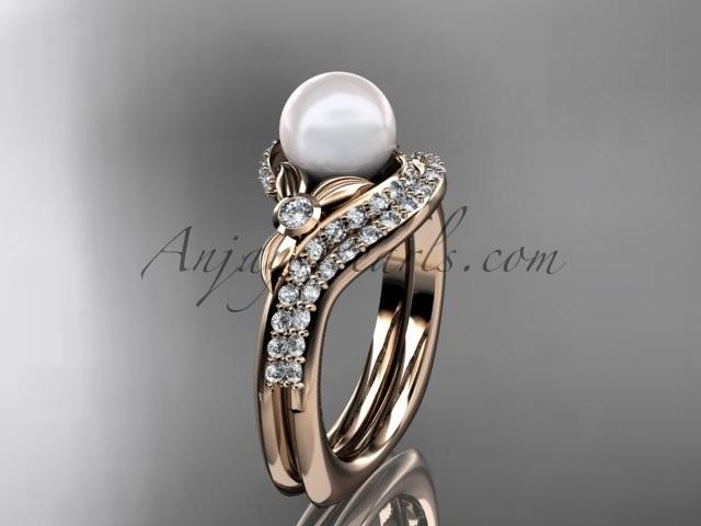 Hochzeit - 14k rose gold diamond pearl vine and leaf engagement set AP112S