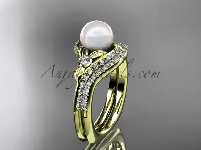 Wedding - 14k yellow gold diamond pearl vine and leaf engagement set AP112S