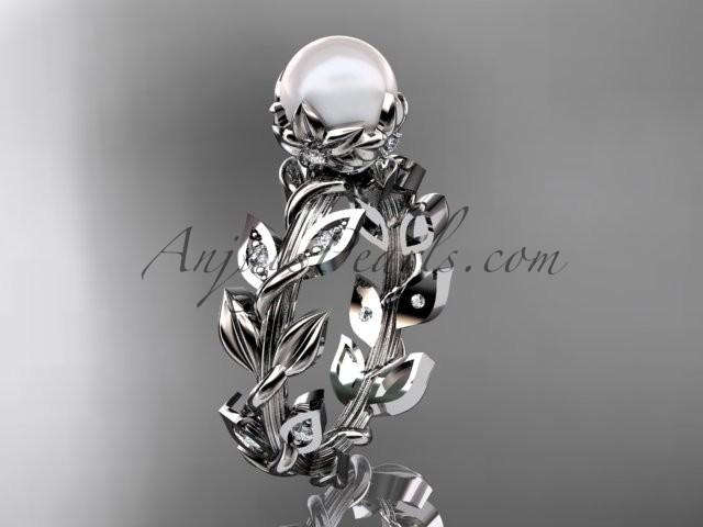 زفاف - 14k white gold diamond pearl vine and leaf engagement ring AP124