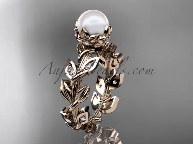 Wedding - 14k rose gold diamond pearl vine and leaf engagement ring AP124