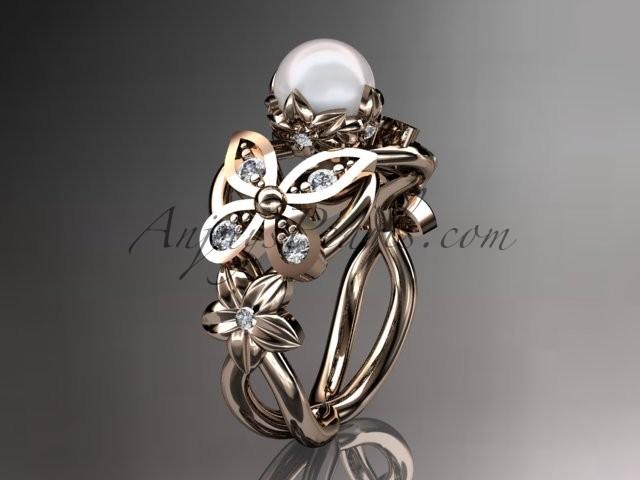 Hochzeit - 14kt rose gold diamond pearl unique engagement ring, butterfly wedding ring AP136