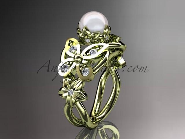 زفاف - 14kt yellow gold diamond pearl unique engagement ring, butterfly wedding ring AP136