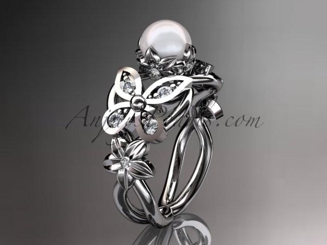 زفاف - Platinum diamond pearl unique engagement ring, butterfly wedding ring AP136