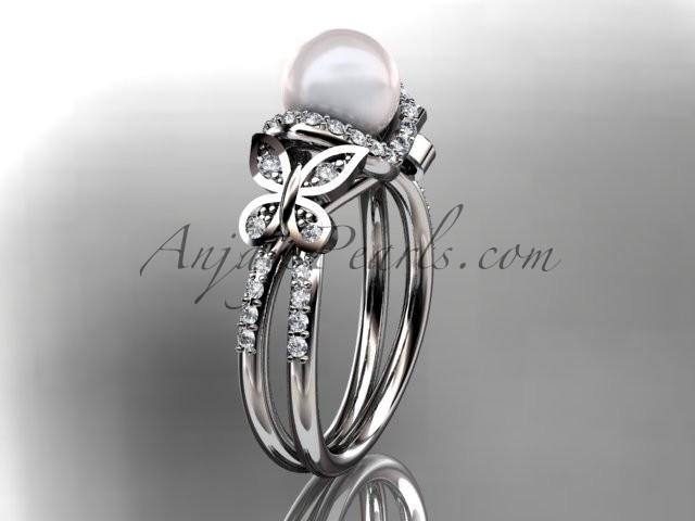 زفاف - 14kt white gold diamond pearl unique engagement ring, butterfly wedding ring AP141