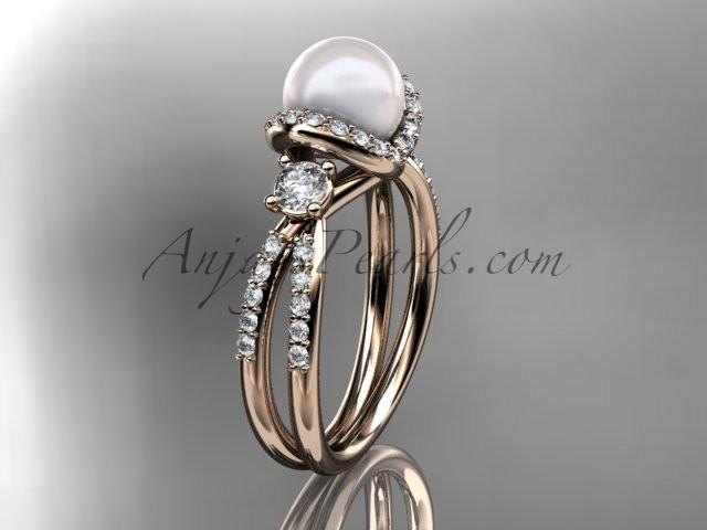 Mariage - 14kt rose gold diamond pearl unique engagement ring, wedding ring AP146
