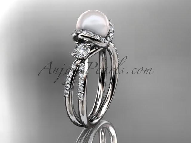 Hochzeit - Platinum diamond pearl unique engagement ring, wedding ring AP146