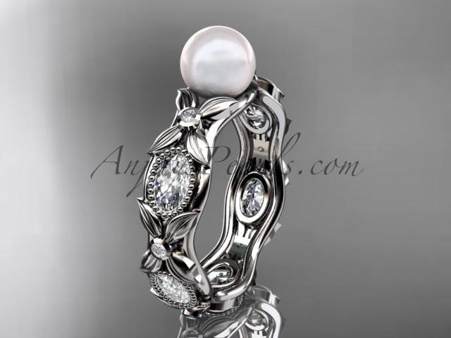 Wedding - 14kt white gold diamond pearl unique engagement ring, wedding ring AP152