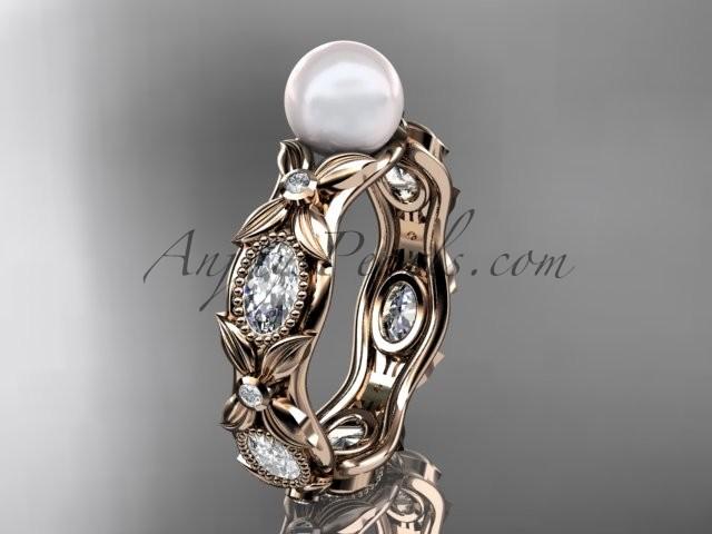 Mariage - 14kt rose gold diamond pearl unique engagement ring, wedding ring AP152