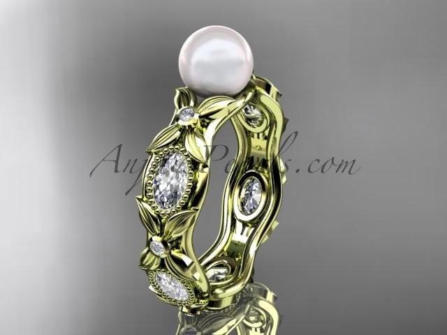Hochzeit - 14kt yellow gold diamond pearl unique engagement ring, wedding ring AP152