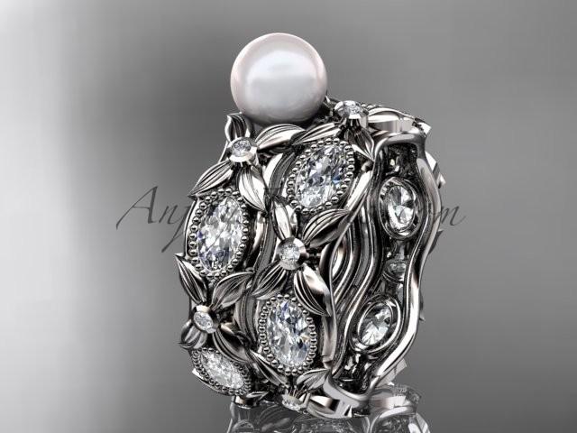 Свадьба - 14kt white gold diamond pearl unique engagement ring, wedding ring AP152S