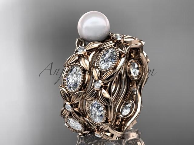 Mariage - 14kt rose gold diamond pearl unique engagement ring, wedding ring AP152S