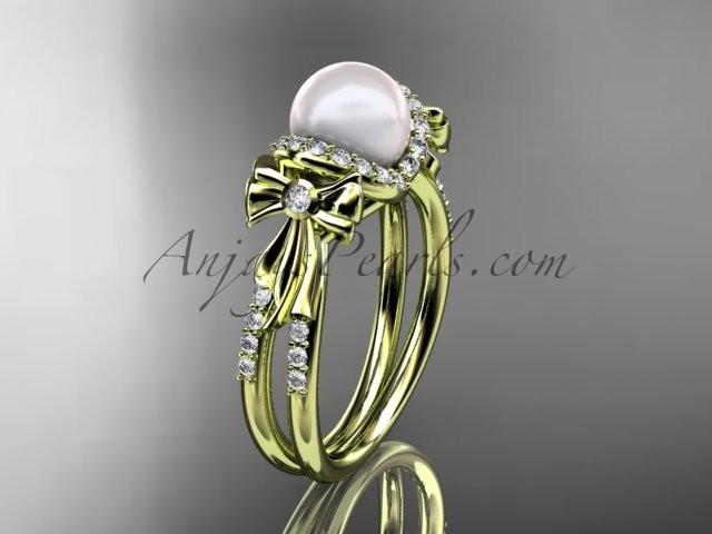 Mariage - 14k yellow gold diamond pearl wedding ring,engagement ring AP155