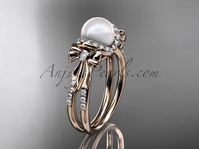 زفاف - 14k rose gold diamond pearl wedding ring,engagement ring AP155