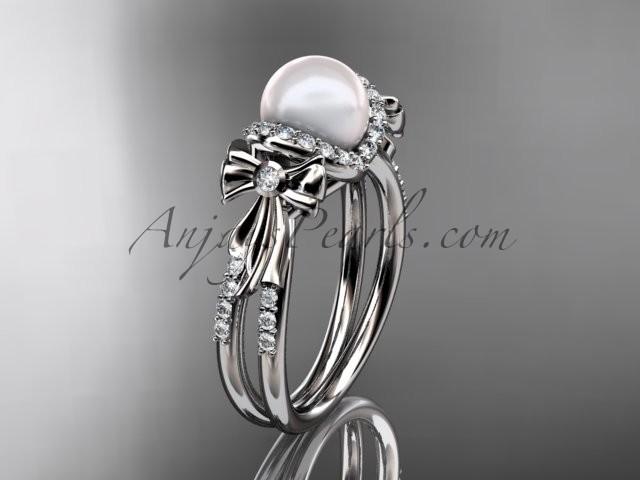 Mariage - 14k white gold diamond pearl wedding ring,engagement ring AP155