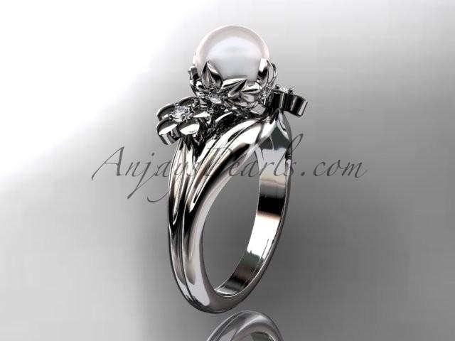 زفاف - 14kt white gold diamond pearl unique engagement ring, wedding ring AP159