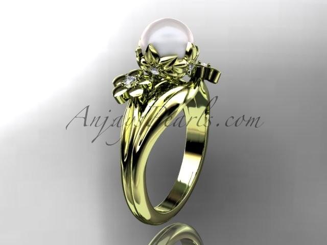 Hochzeit - 14kt yellow gold diamond pearl unique engagement ring, wedding ring AP159