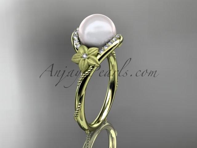 Wedding - 14k yellow gold diamond leaf and vine, floral pearl wedding ring, engagement ring AP166
