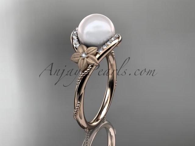 زفاف - 14k rose gold diamond leaf and vine, floral pearl wedding ring, engagement ring AP166