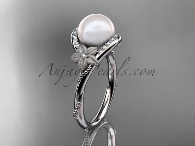 Wedding - 14k white gold diamond leaf and vine, floral pearl wedding ring, engagement ring AP166