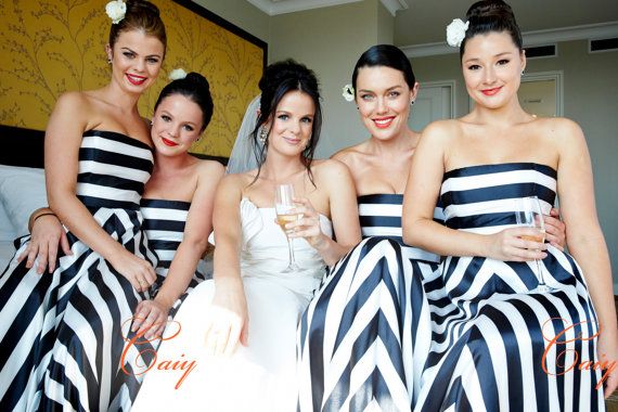 Hochzeit - Black And White Stripes Floor-length Bridesmaid Evening Dress