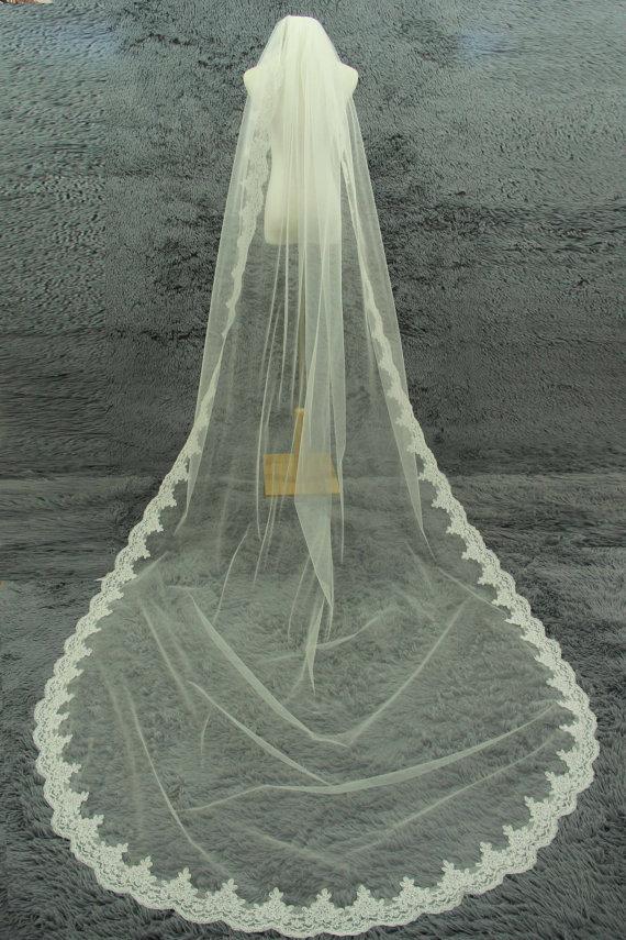 زفاف - Single bride cathedral veil, white ivory lace cathedral veil, comb veil, crystal veil, lace cathedral wedding veil