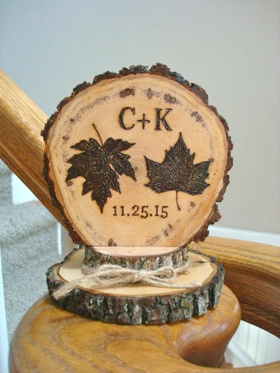 Wedding - Fall Leaves Wedding Cake Topper Autumn Rustic Personalized Wood Country Woodland