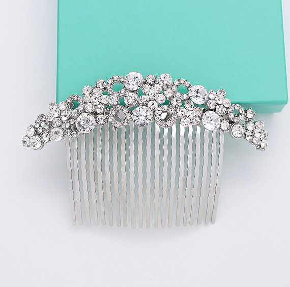 Wedding - Crystal Bridal Comb Headpiece Rhinestone Silver Comb Clean Look Vintage Wedding Hair Accessory Crescent Moon Shape Combs Jewelry