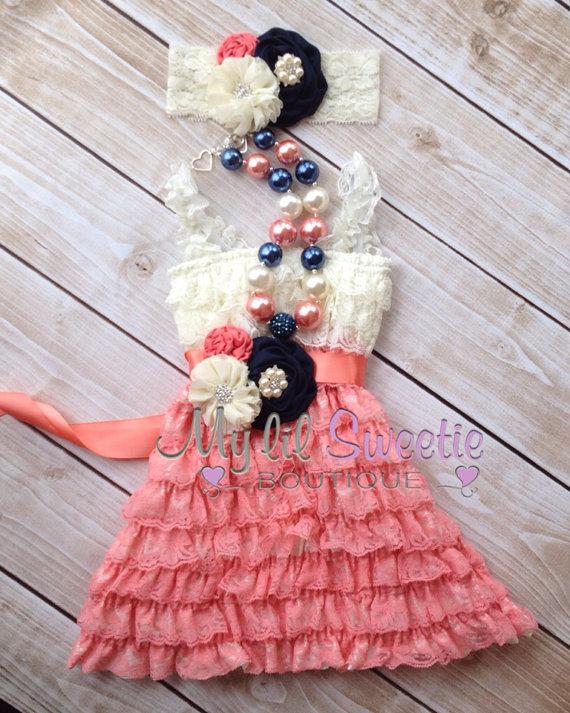 زفاف - New Ivory Coral navy 4 piece set, dress, necklace, sash, headband, birthday outfit, infant outfit, special occasion dress, toddler dress