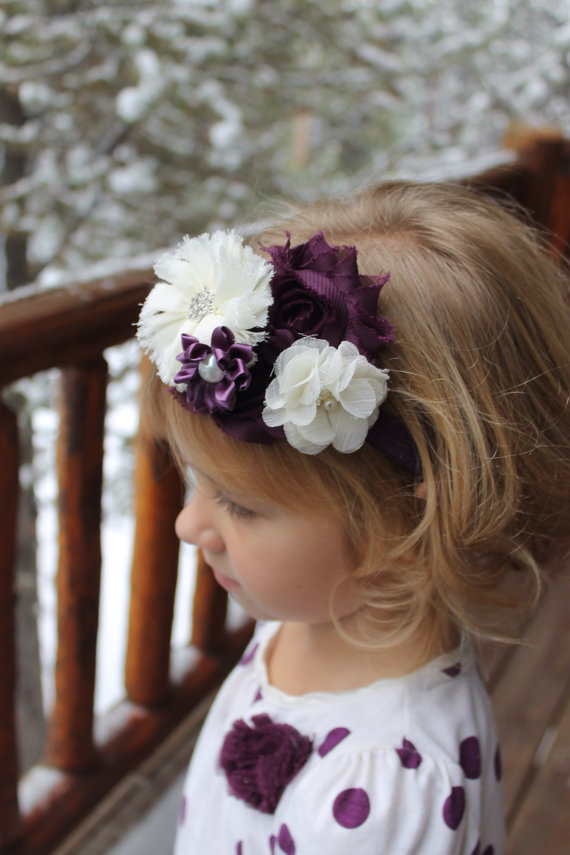 Wedding - Ivory purple headband ivory chiffon flower, 2 plum shabbys, cream chiffon on plum Elastic Headband Baby toddler teen womens wedding flower