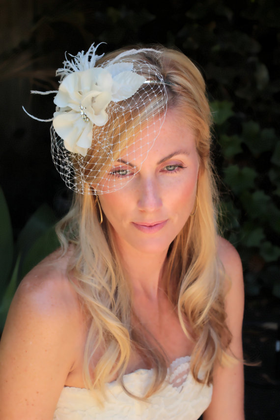 زفاف - Lela bridal hair accessories , bridal hair flower,  wedding veil Floral Fascinator with birdcage blusher veil
