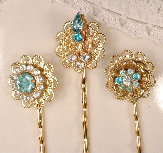 زفاف - OOAK Vintage Turquoise Blue Rhinestone Gold Bridal Hair Pins, Keepsake Aqua Clip Set 3, Bridesmaids Gift Wedding Hair Accessories Headpiece