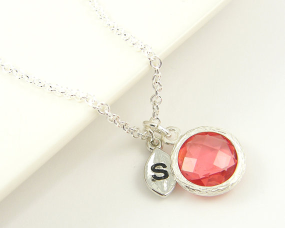 Свадьба - Personalized Coral Silver Necklace, Coral Pendant Drop Faceted Necklace with Initial Letter Alphabet Charm Bridesmaid Bridal Wedding Jewelry
