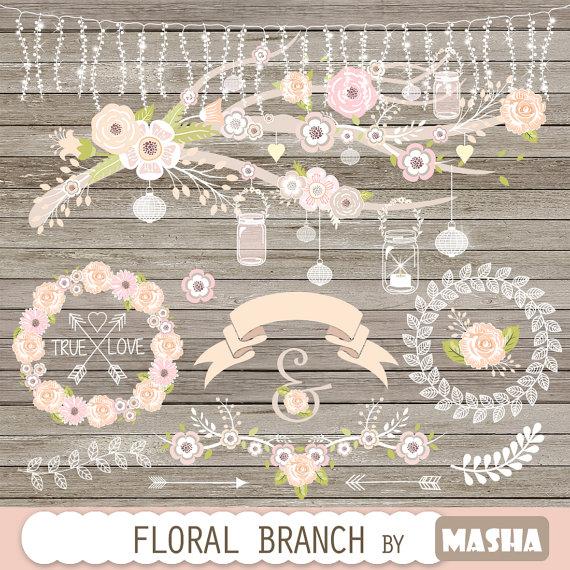 Свадьба - Wedding floral branch: "FLORAL BRANCH CLIPART" with branch clipart, wreath clipart, ribbon banner for wedding invitation, baby shower invite