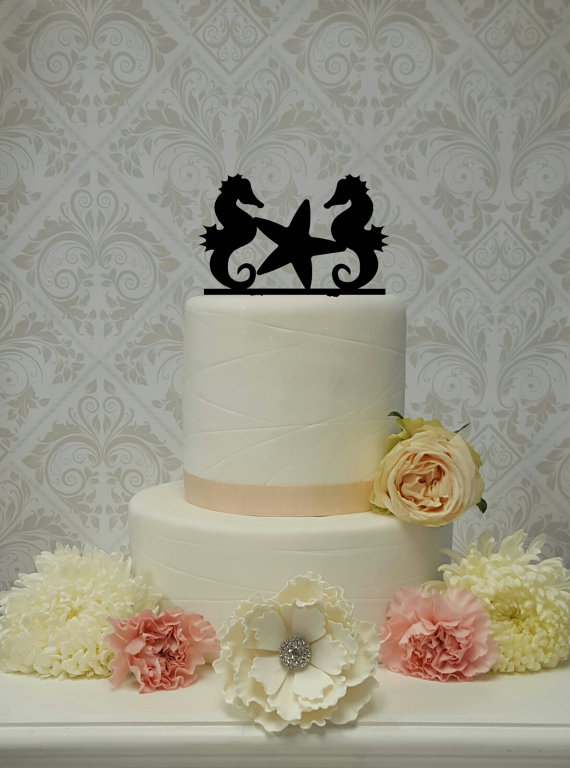 Hochzeit - Seahorse Starfish Beach Nautical Themed Topper Wedding Cake Topper
