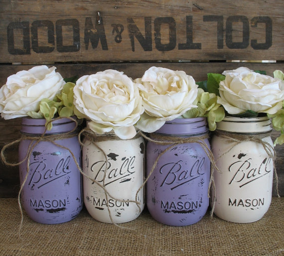 Wedding - Set of 4 Pint Mason Jars, Ball jars, Painted Mason Jars, Flower Vases, Rustic Wedding Centerpieces, Lavender And Creme Mason Jars