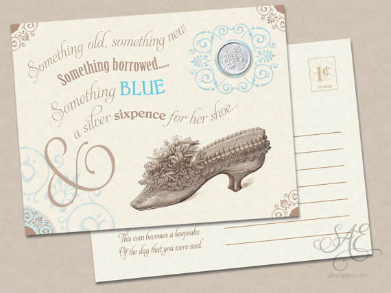 Hochzeit - MOLLY CARD ONLY Wedding Bride Something old new borrowed blue a lucky silver sixpence tucked in her your shoe wedding bridal shower gift car