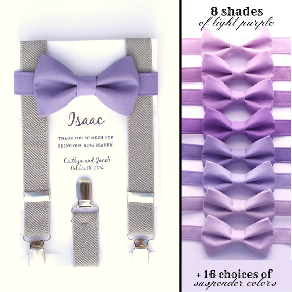 Свадьба - Lavender Bow Tie and Grey Suspenders, Toddler Suspenders, Baby Suspenders, Ring Bearer, Lavender, Light Purple