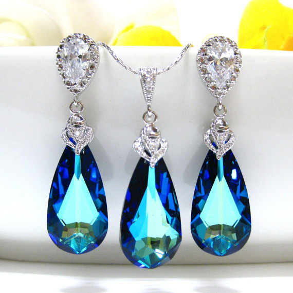 Mariage - Bridal Jewelry Set Bridesmaid Gift Swarovski Crystal Bermuda Blue Teardrop & Earrings Necklace Set Wedding Jewelry Set Gift for Her (NE003)