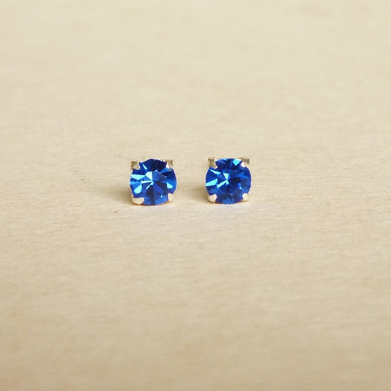 Wedding - 4 mm Small Royal Blue Crystal 925 Sterling Silver Stud Earrings - Bridesmaid Gift - Gift for Her - Hypoallergenic  Second Hole Earrings