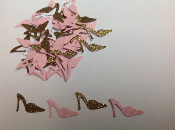 زفاف - 50 pc Paper High Heel Shoe Confetti Pink and Gold Glitter    Wedding    Reception