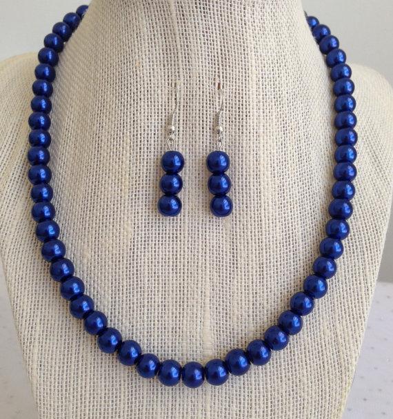 Mariage - Cobalt Blue Pearl Necklace, Cobalt Blue Wedding, Cobalt Blue Bridesmaid Jewelry, Blue Wedding Jewelry, Bridesmaid Gift