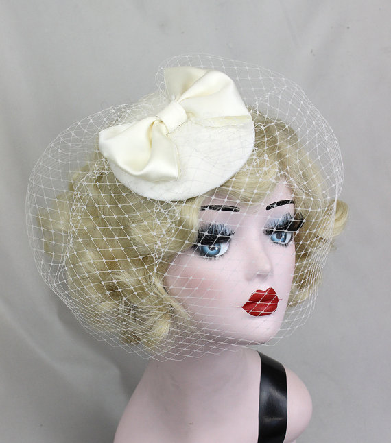 Wedding - Wedding Veil, Ivory White Birdcage Veil, Women's Hat, Bow Fascinator, Hair Accessory, Bridal Veil
