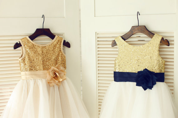 زفاف - Gold Sequin IvoryTulle Flower Girl Dress Navy Blue Flower Belt Children Toddler Party Dress for Wedding Junior Bridesmaid Dress