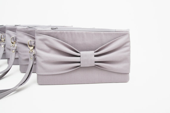 زفاف - Promotional sale - SET OF 7 -Grey bow wristelt clutch,bridesmaid gift ,wedding gift ,make up bag,zipper